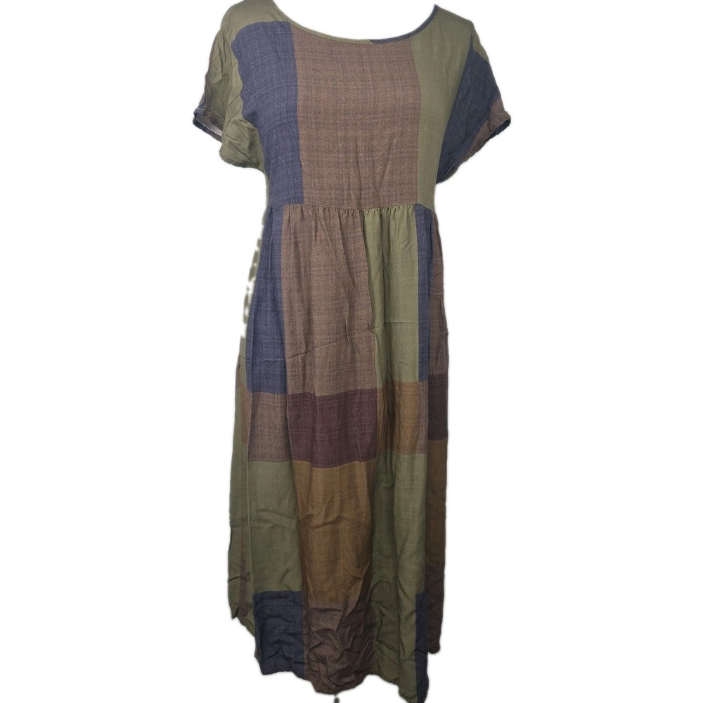 Emery Rose Small Brown Olive Checkered V-neck Shift Dress Minimalist Poplin